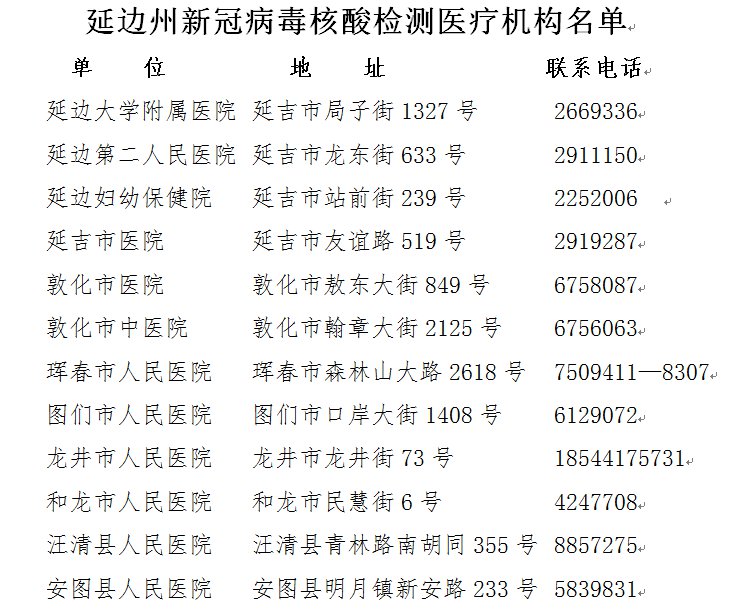 延邊州新冠病毒核酸檢測機(jī)構(gòu)聯(lián)系信息